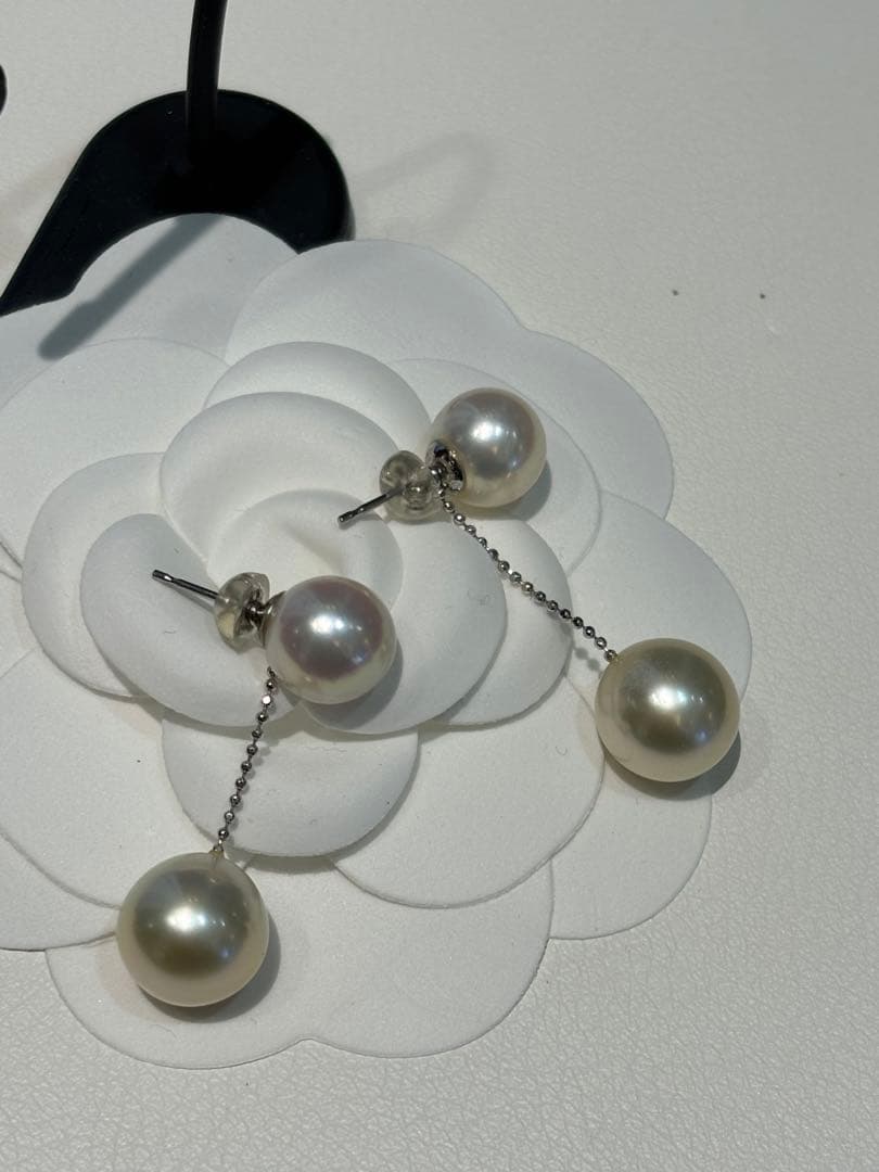 白蝶パールピアス　プラチナ　南洋真珠　南洋真珠ピアス　揺れる２つのパールが豪華♡