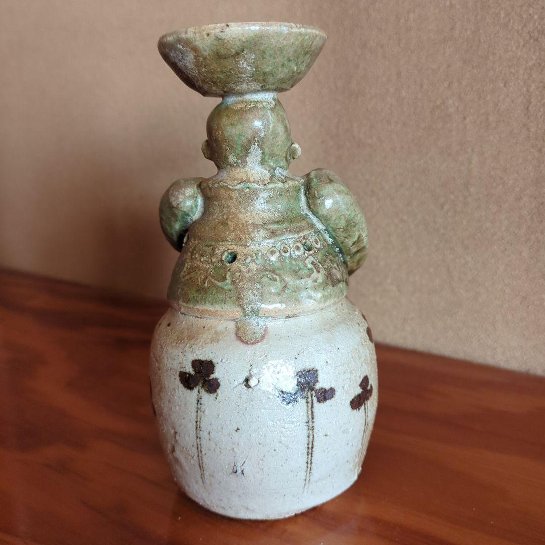 陶器製 人形型 笑顔が特徴　置物　織部焼　織部