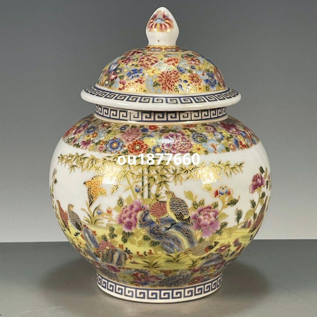 琺瑯彩花鳥貯蔵蓋缶 景徳鎮 陶磁器 装飾品 現代工芸品 美術品 置物