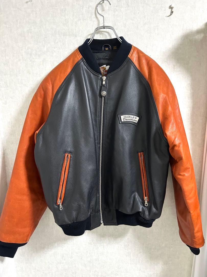 90s ハーレーダビッドソン レザージャケット M ブラック×オレンジ ボンバー