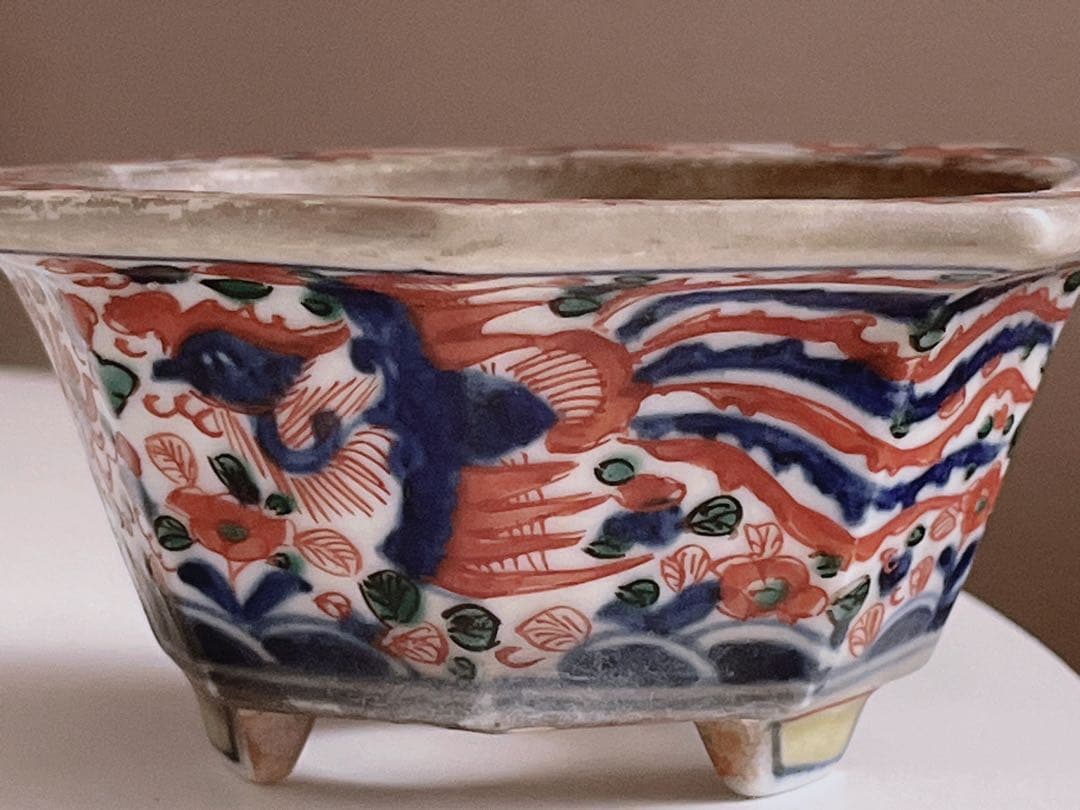 盆栽　大明萬暦年製　色絵雲龍鳳凰　鉢　中国鉢　盆栽小鉢 盆栽鉢 ミニ盆栽