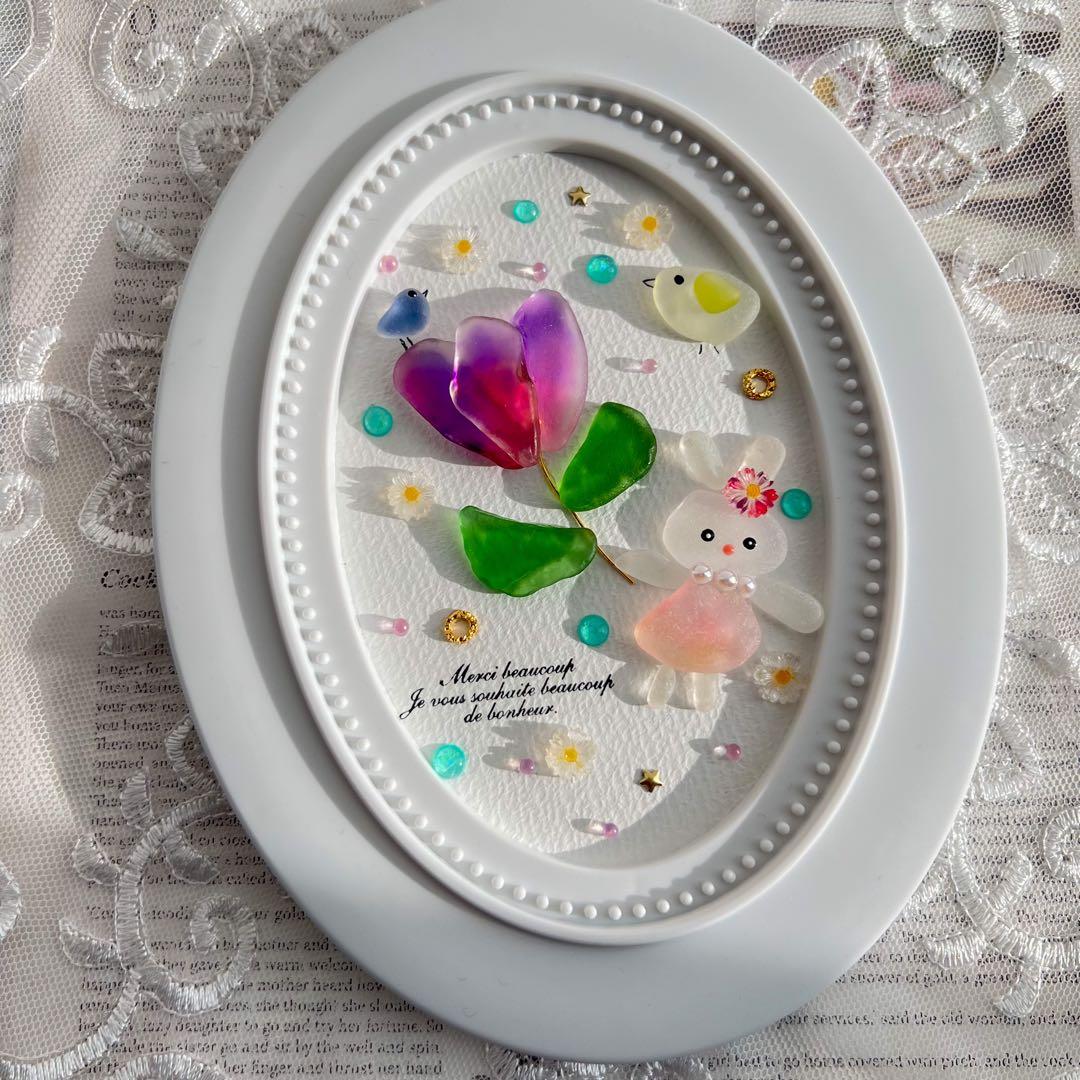 チューリップと共に〜♡シーグラスアート&レジンアートうさぎ 小鳥