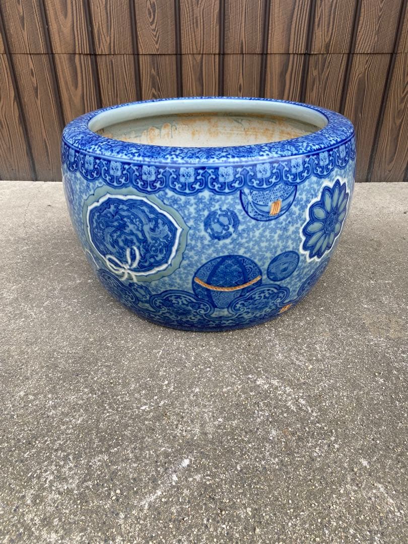 特大　火鉢　陶器鉢　睡蓮鉢　染付　有田焼　在銘　花　金魚鉢　骨董　アンティーク