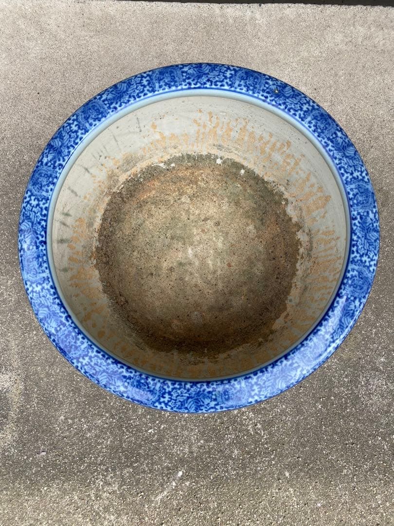 特大　火鉢　陶器鉢　睡蓮鉢　染付　有田焼　在銘　花　金魚鉢　骨董　アンティーク