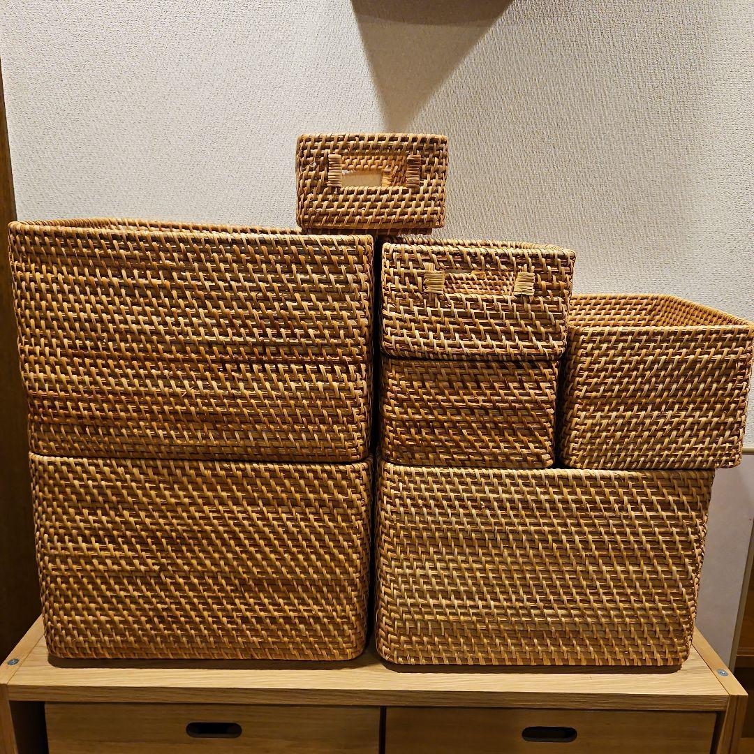 sara　無印重　なるラタン長方形バスケット 取っ手付きスタッカブル　7点