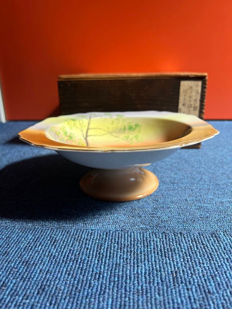 1078 [オールドノリタケ] 夕焼湖畔風景文　菓子器鉢　江戸末期　時代物