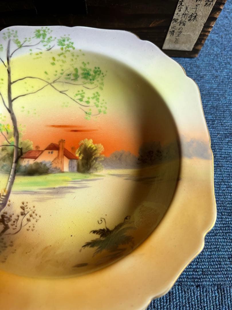 1078 [オールドノリタケ] 夕焼湖畔風景文　菓子器鉢　江戸末期　時代物