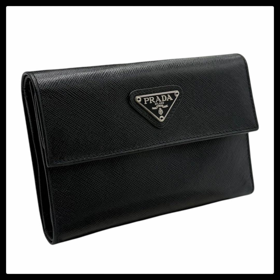 【美品】プラダ PRADA 三つ折り財布 サフィアーノレザー ブラック 小銭入れ