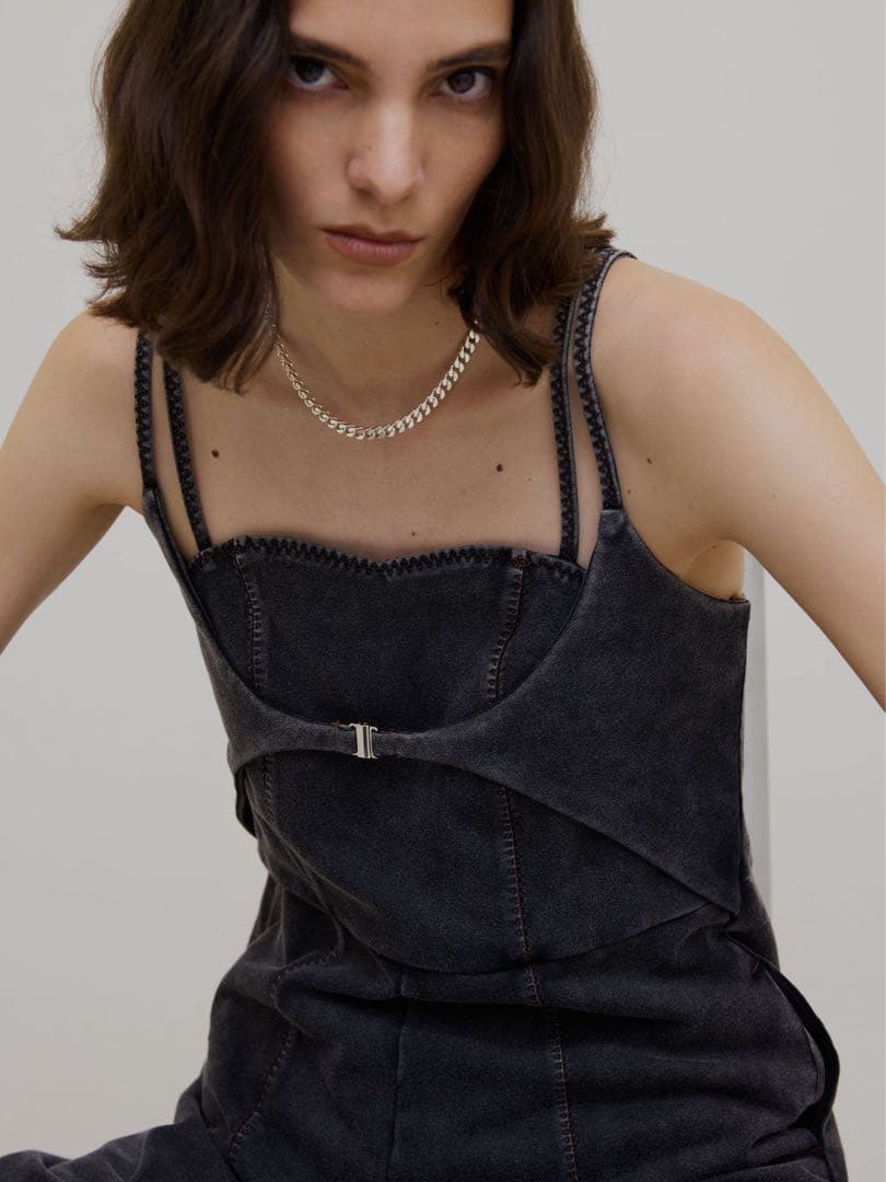 ameri デニムライクボリュームキャミロンパース　サロペット　ブラック