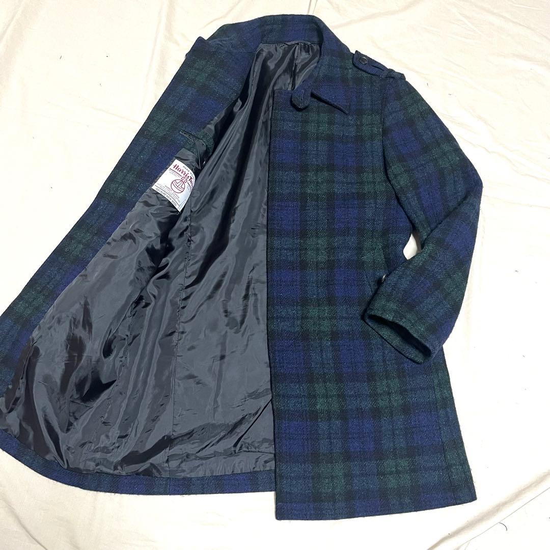 【美品】ハリスツイード　ロングステンカラーコート　ブラックウォッチチェック XL