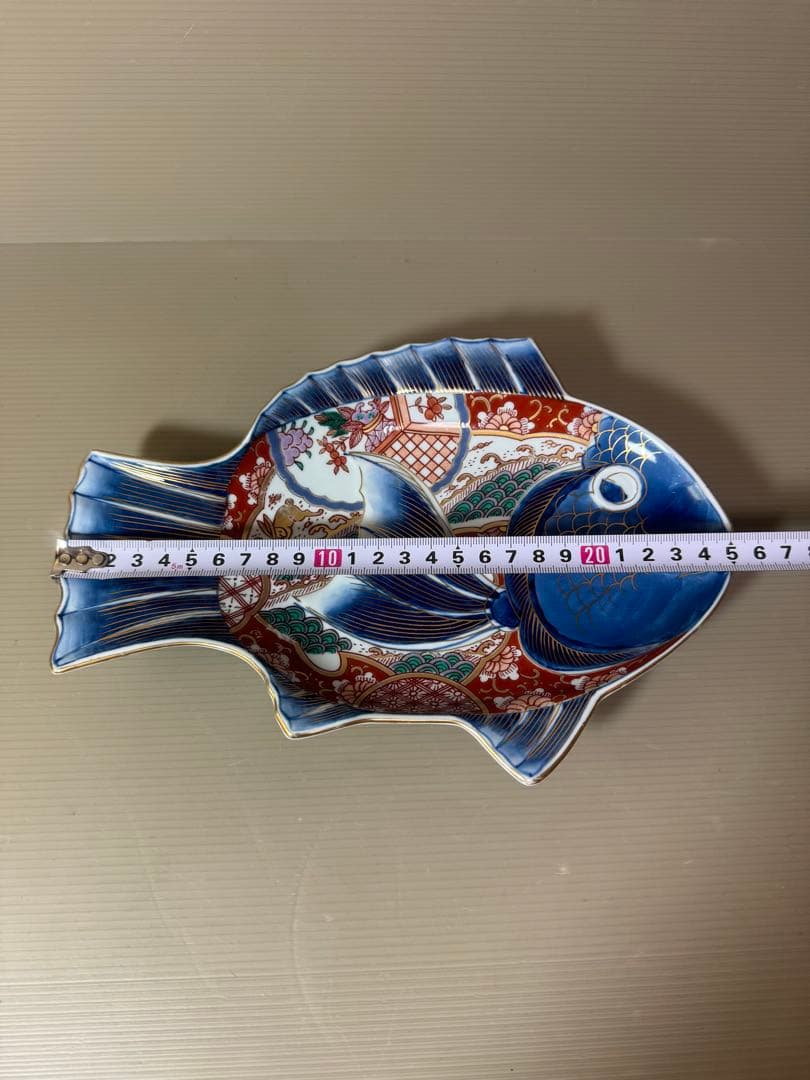 2819 希少　林九郎窯　染錦波兎　鯛型焼物皿　鯛　鯛皿　25cm