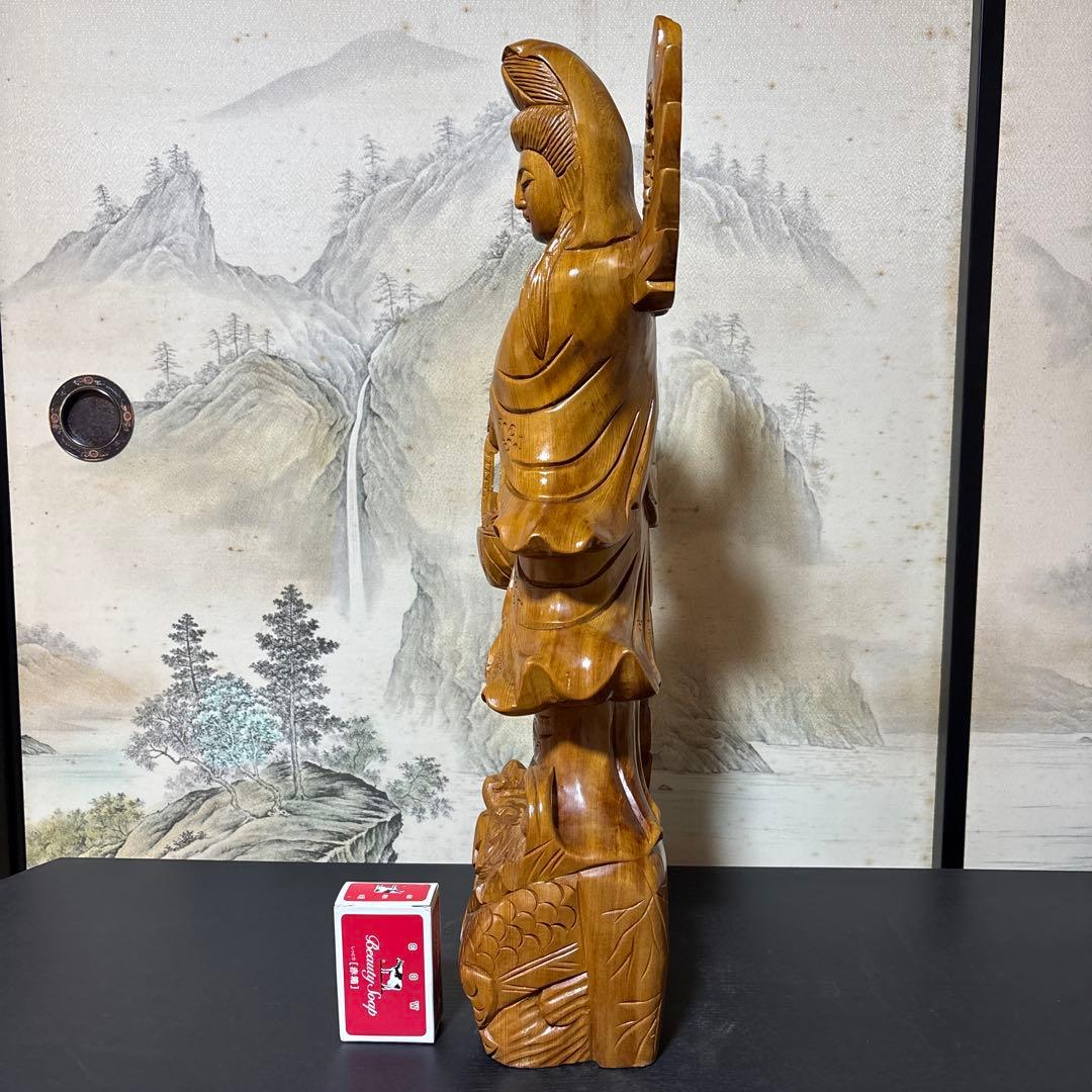 大型 龍乗り　観音菩薩 木彫　仏像 彫刻　開運　風水　置物　縁起物　インテリア