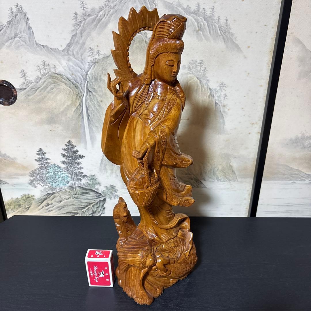 大型 龍乗り　観音菩薩 木彫　仏像 彫刻　開運　風水　置物　縁起物　インテリア