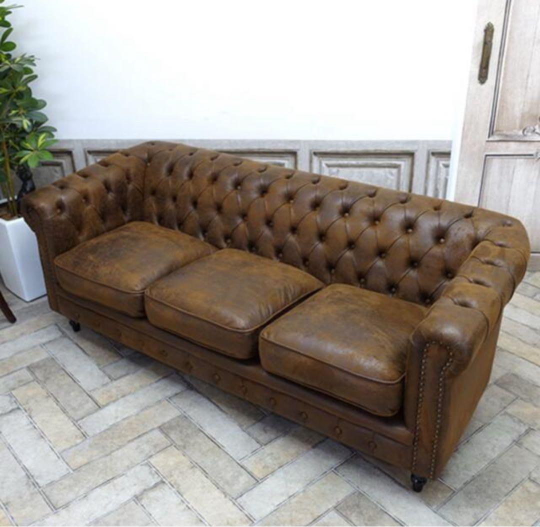 チェスターフィールドソファ、ブラウン、アンティーク、レトロ