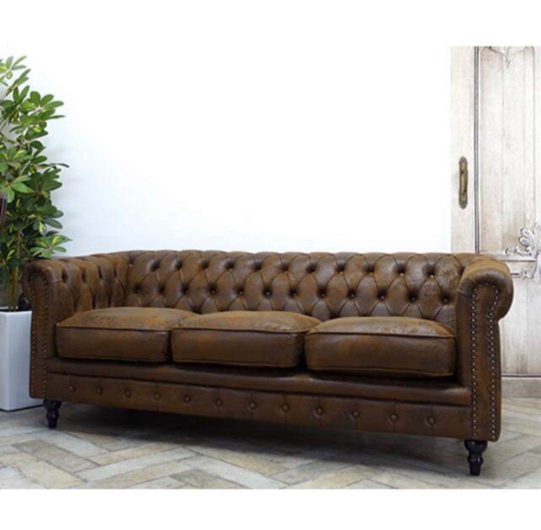 チェスターフィールドソファ、ブラウン、アンティーク、レトロ