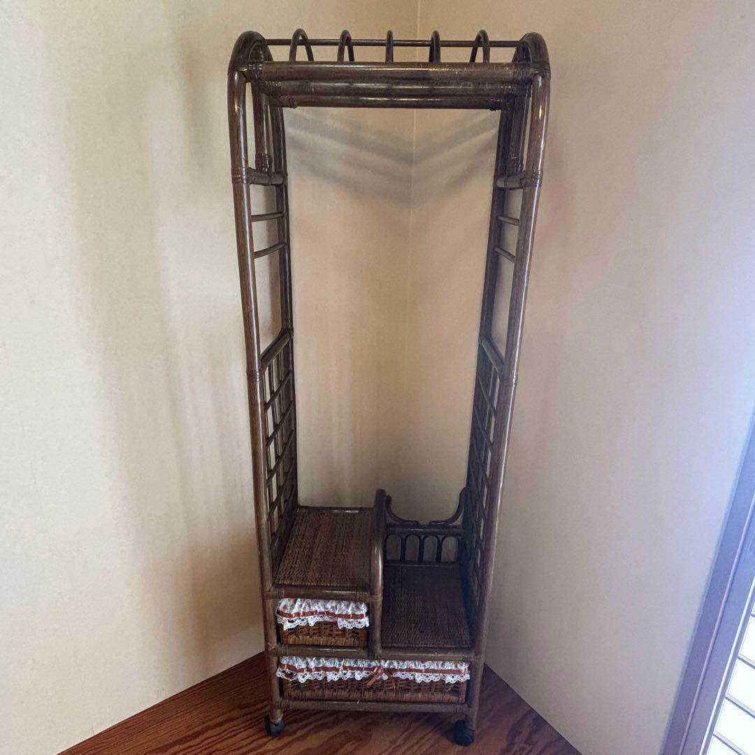 昭和レトロ 籐製 ハンガーラック 収納付き ヴィンテージ アンティーク調