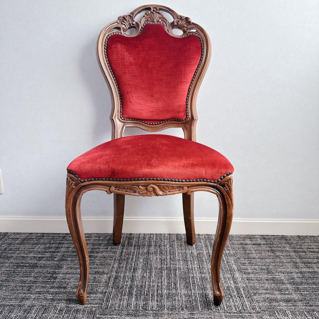 ロココ調 木製椅子 ベロア調 赤 猫脚 猫足 アンティーク チェア ①