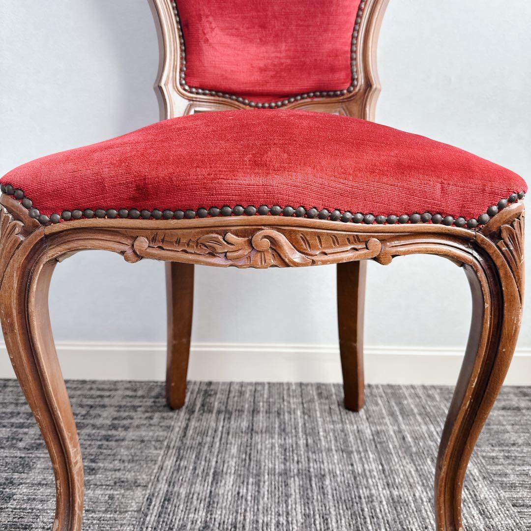 ロココ調 木製椅子 ベロア調 赤 猫脚 猫足 アンティーク チェア ①