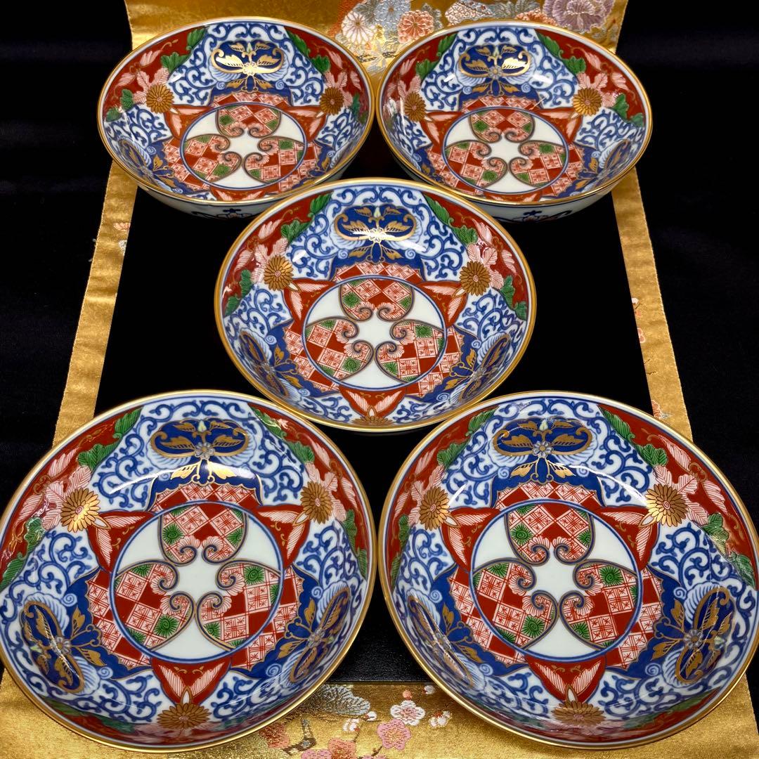 【古伊万里意匠】 其泉 染錦金彩 見込地紋 なます皿 セット 平鉢 浅鉢 向付