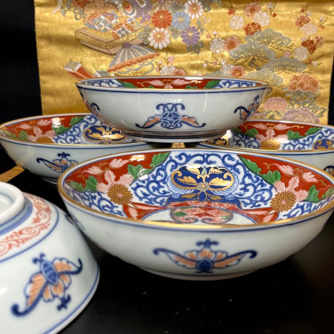 【古伊万里意匠】 其泉 染錦金彩 見込地紋 なます皿 セット 平鉢 浅鉢 向付