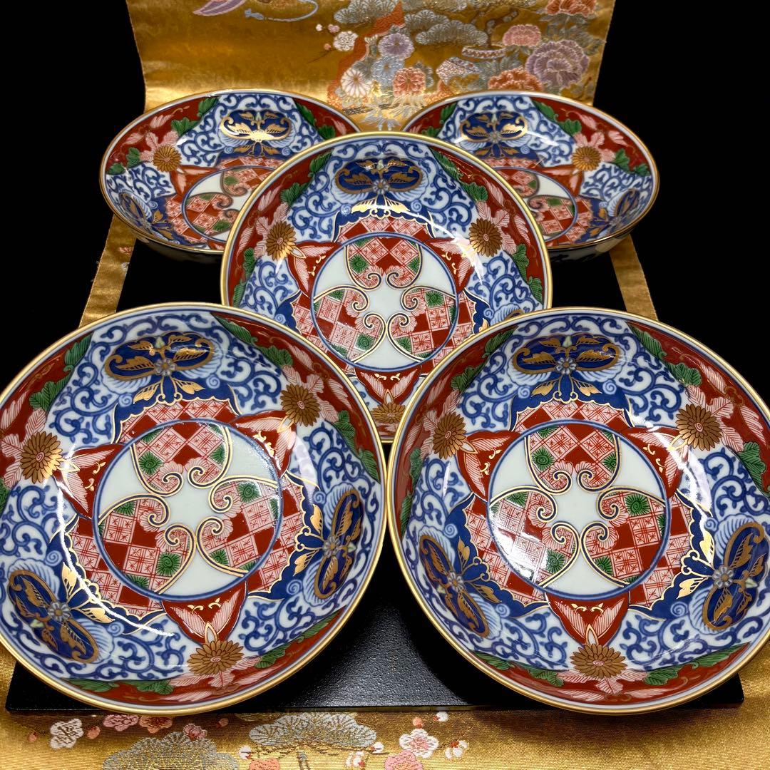 【古伊万里意匠】 其泉 染錦金彩 見込地紋 なます皿 セット 平鉢 浅鉢 向付