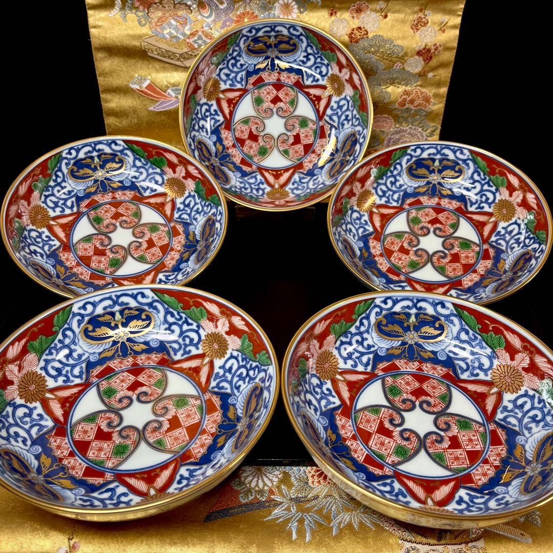 【古伊万里意匠】 其泉 染錦金彩 見込地紋 なます皿 セット 平鉢 浅鉢 向付