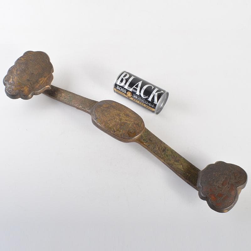 中国　古銅　山水人物文刻　如意　U　R6753