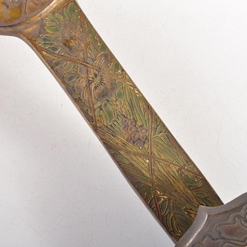 中国　古銅　山水人物文刻　如意　U　R6753