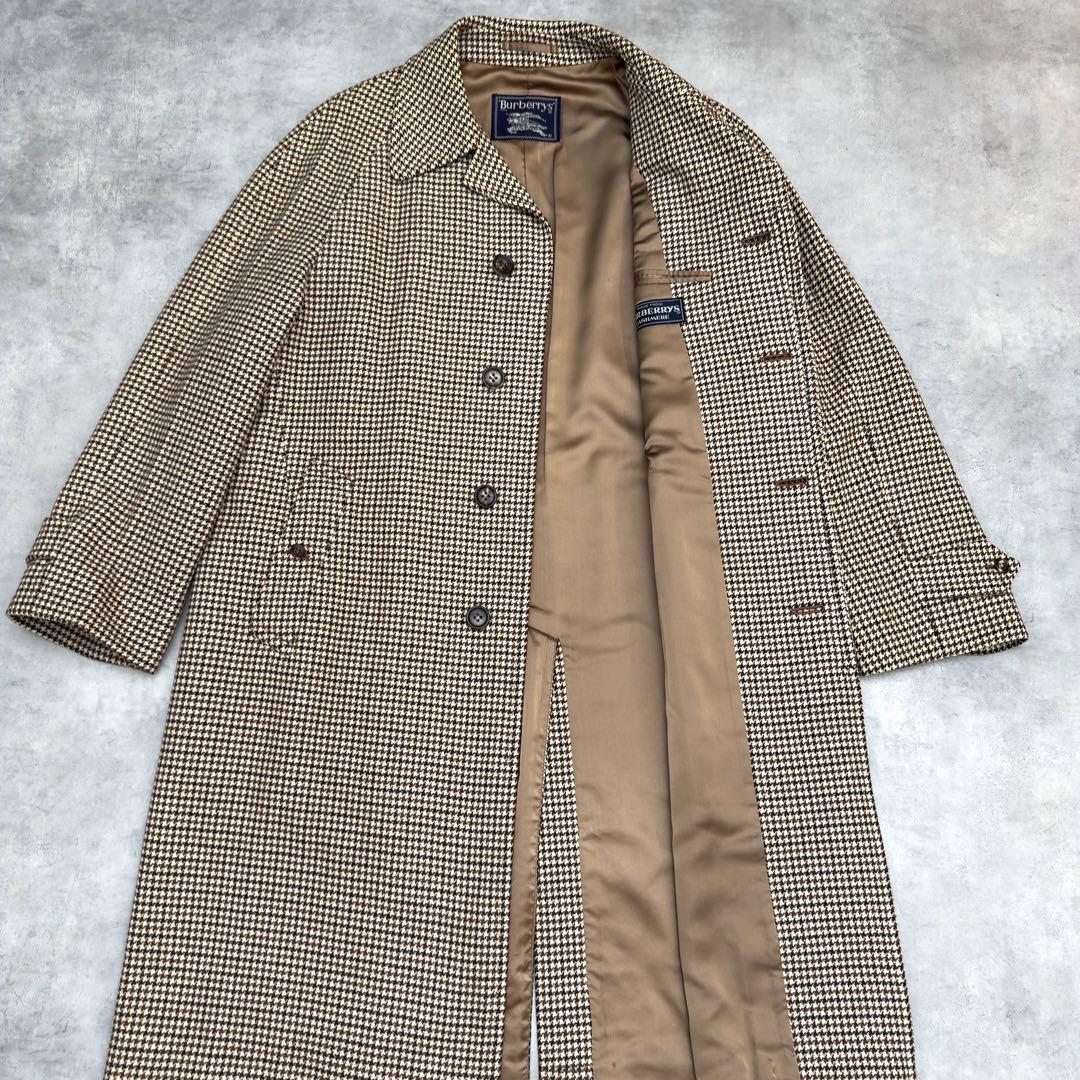 【バーバリー】カシミヤ ラムズ ロングステンカラーコート メンズ L 千鳥格子