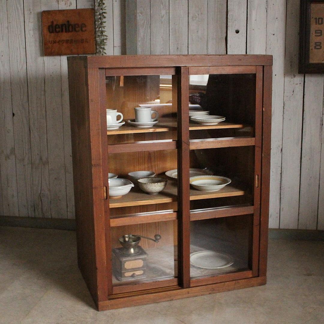 古く味のある木枠格子ガラス戸棚　食器棚　水屋　キャビネット　古家具