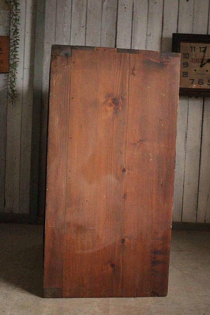 古く味のある木枠格子ガラス戸棚　食器棚　水屋　キャビネット　古家具