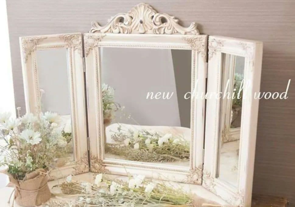 アンティーク調 ミラー 鏡 ロココ調 プリンセスミラー ３面鏡 ホワイト