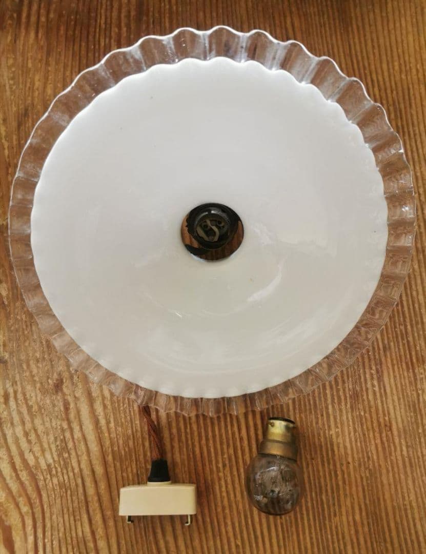 アンティーク フランス 透明＆ミルクガラスフリル シーリングランプ＆レースセット