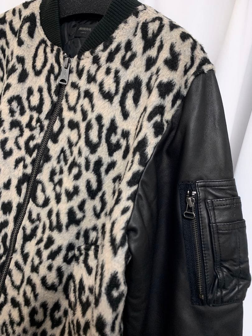 Lサイズ◎MMMM 羊革 ラムレザー切替 レオパード柄 MA-1 ジャケット 豹