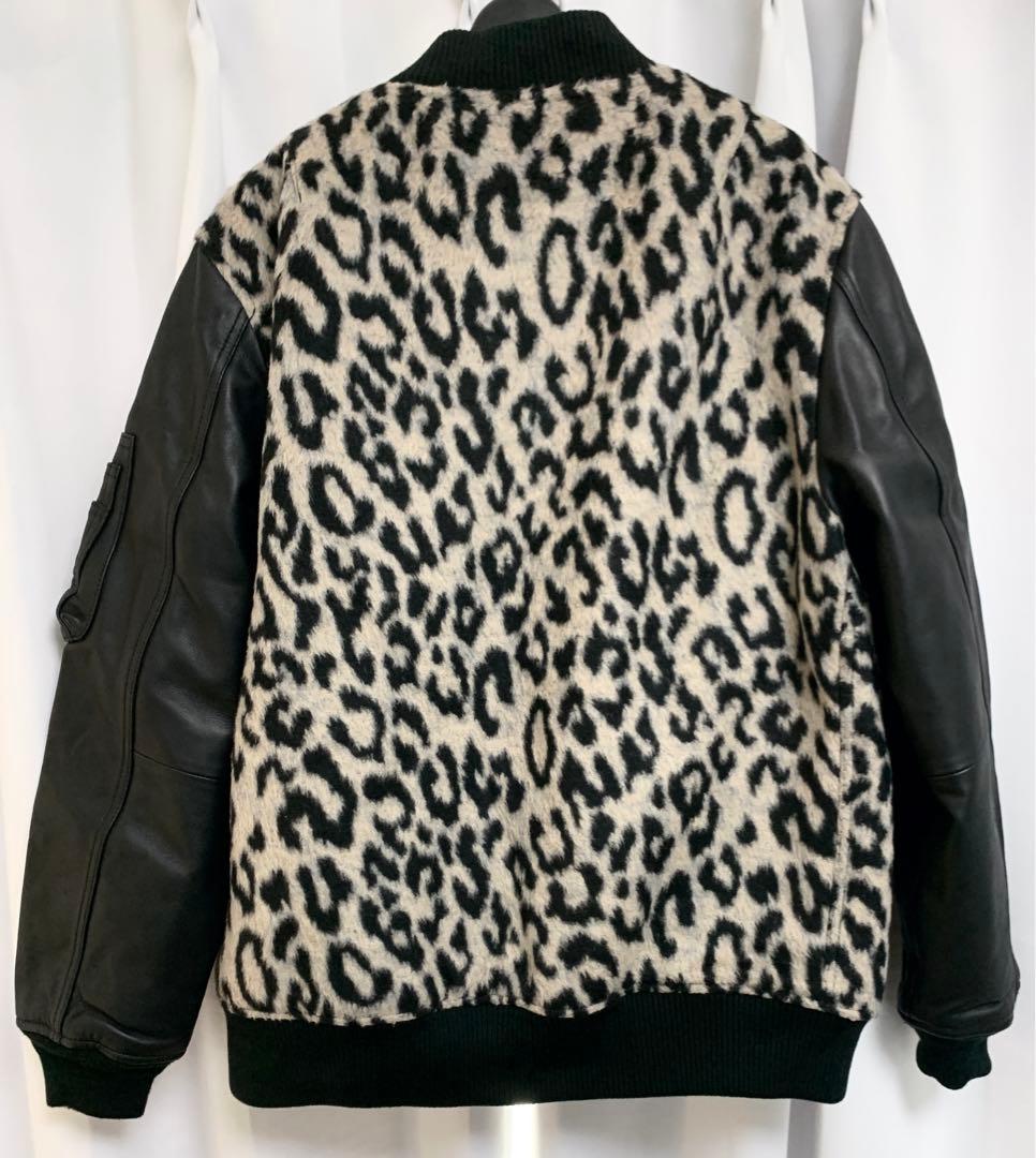 Lサイズ◎MMMM 羊革 ラムレザー切替 レオパード柄 MA-1 ジャケット 豹