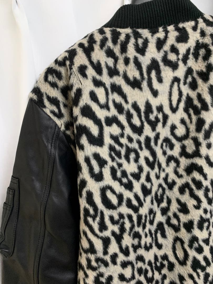 Lサイズ◎MMMM 羊革 ラムレザー切替 レオパード柄 MA-1 ジャケット 豹
