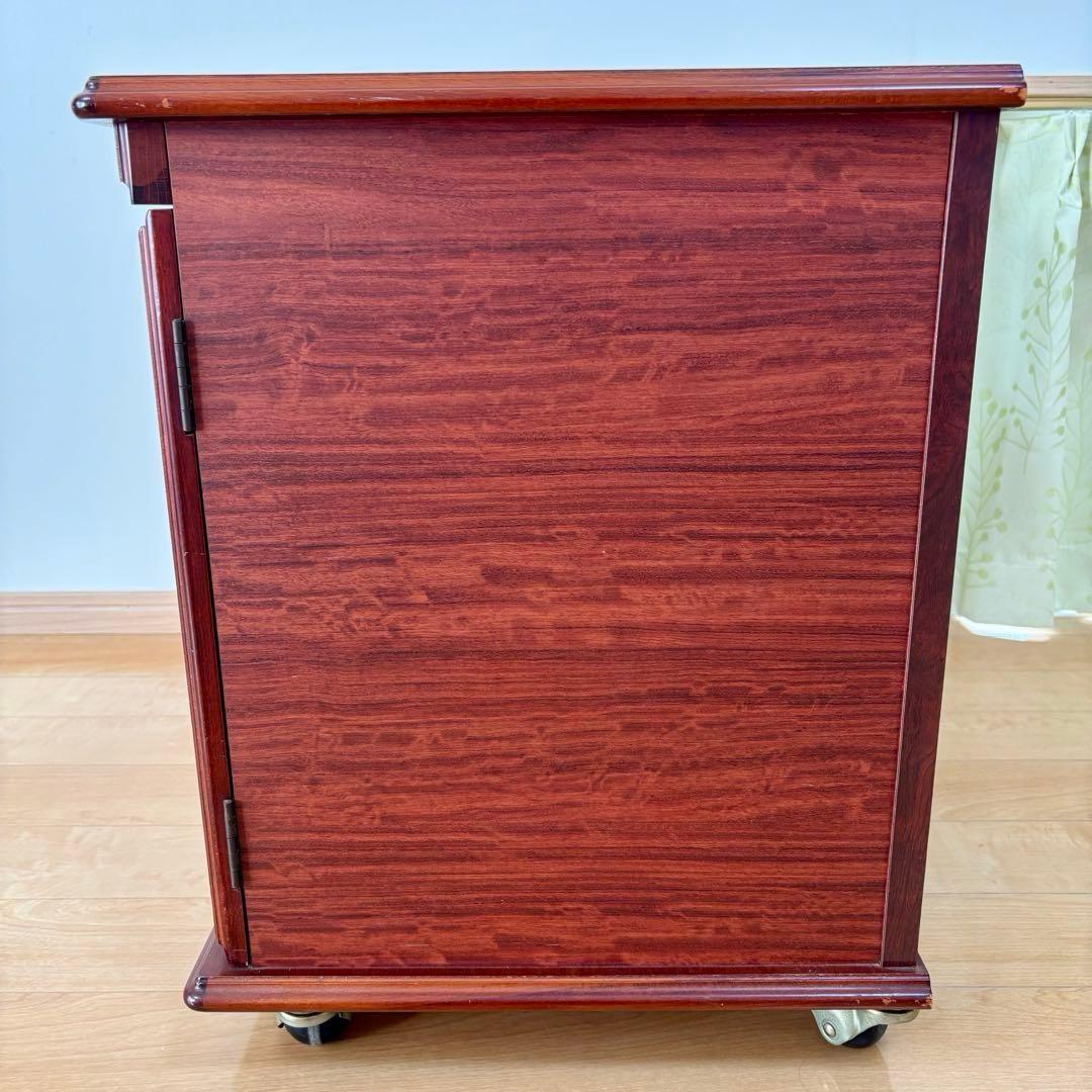 四国工芸 木製 ガラス格子戸付 キャスター ワゴン キャビネット 昭和レトロ