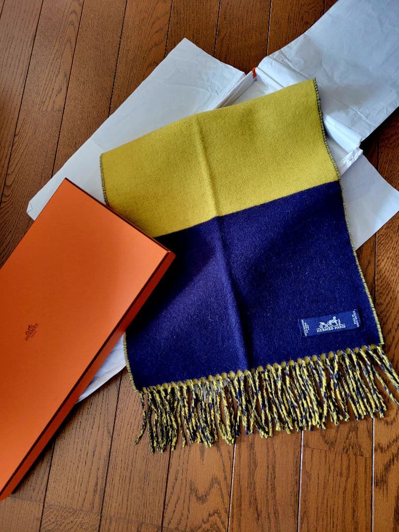 HERMES カシミア100マフラー イエロー ネイビーエルメス