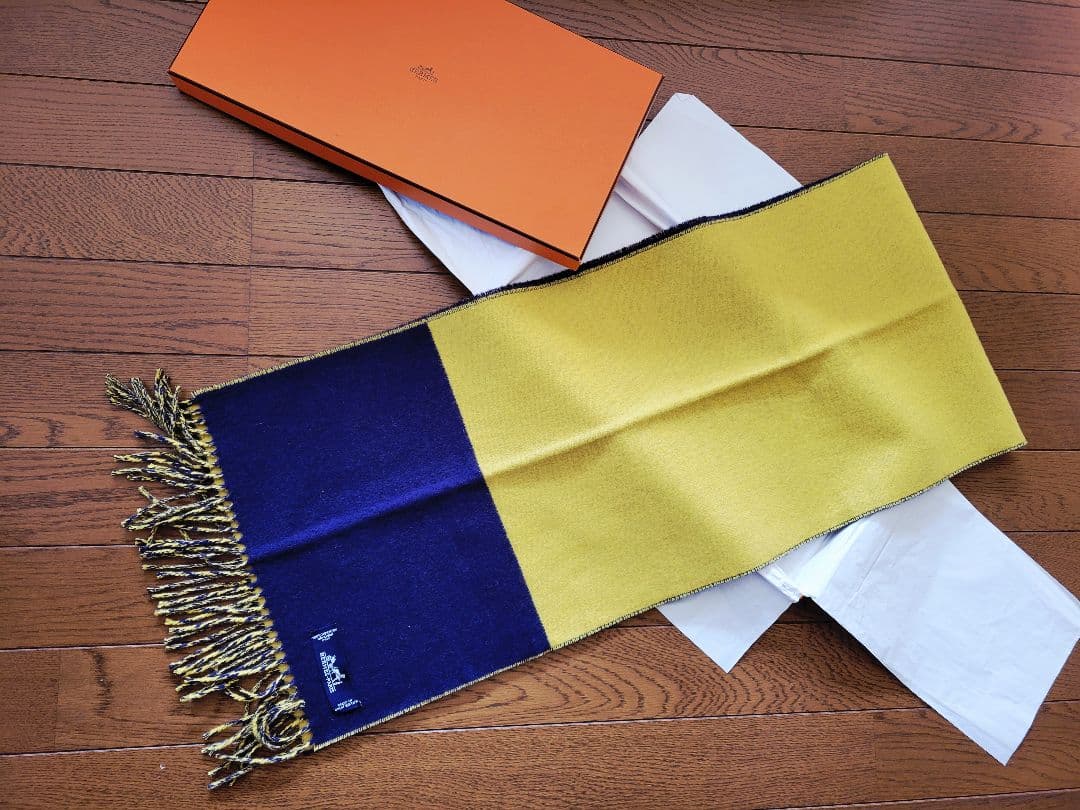 HERMES カシミア100マフラー イエロー ネイビーエルメス