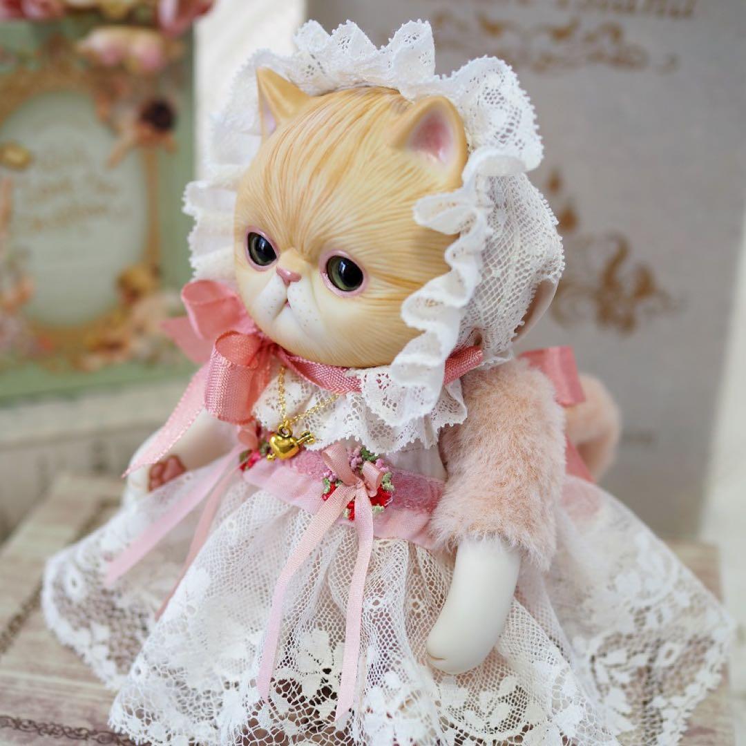ネコのお嬢さん♡レースのドレス-ピンクのおリボン