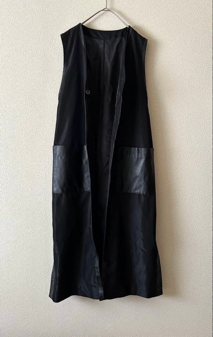 希少✨ヴィンテージ ロングジレ　ラムレザー　羊革　切り替えジレ　黒　一点物