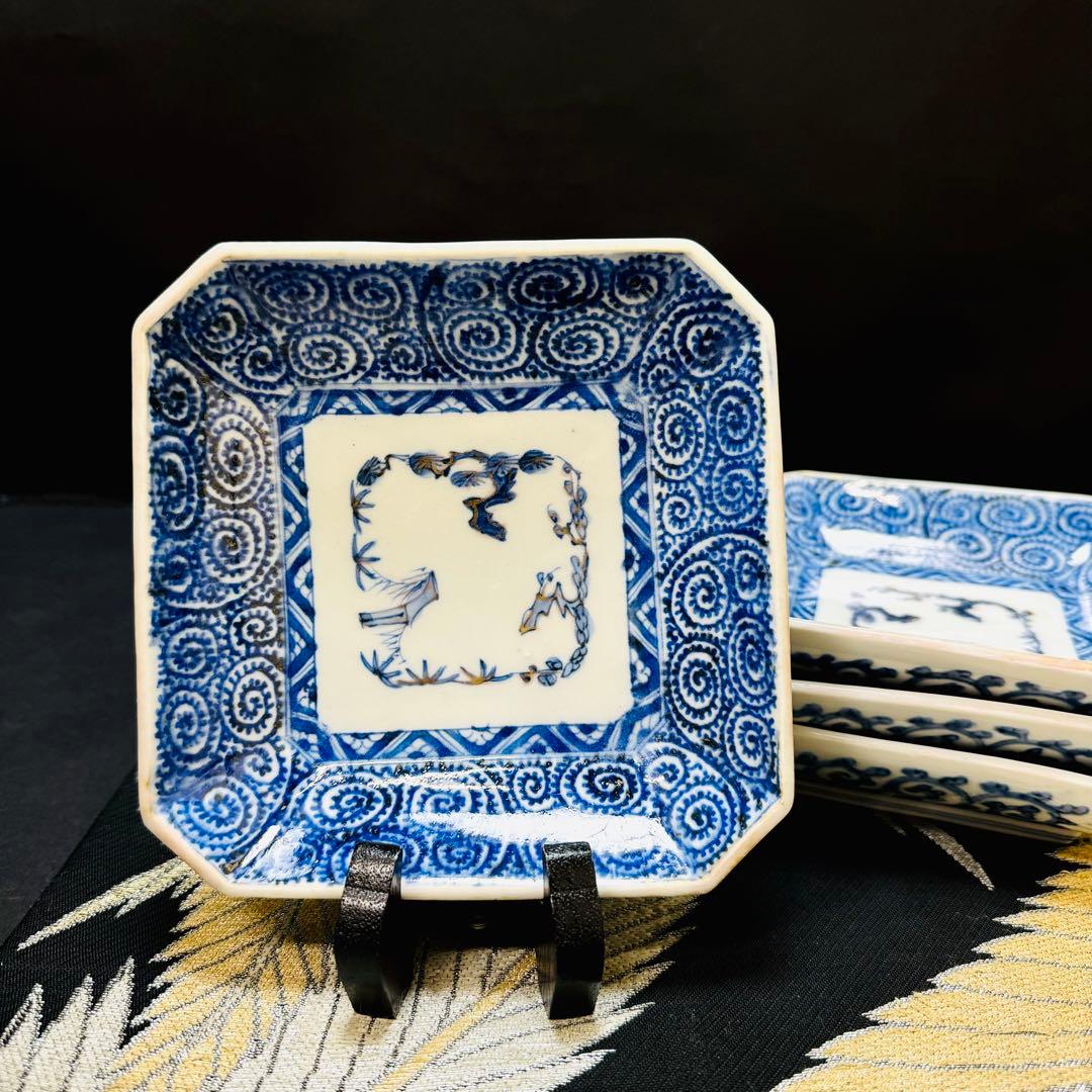 古伊万里　有田焼　染付松松竹梅蛸唐草文　方皿　4点