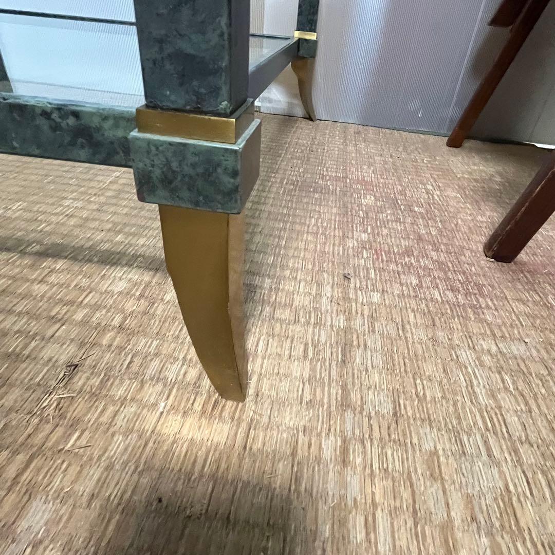 ガラス2段テーブル 大理石調フレーム 真鍮脚 正方形