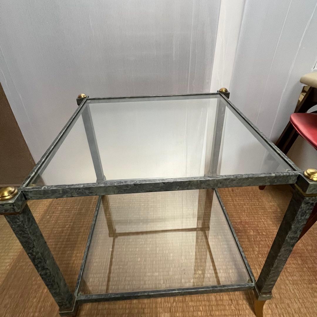 ガラス2段テーブル 大理石調フレーム 真鍮脚 正方形