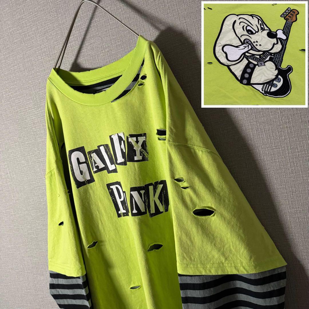 GALFY レイヤード風 ロンT ヴィンテージ加工 ボーダー バックデカロゴ L