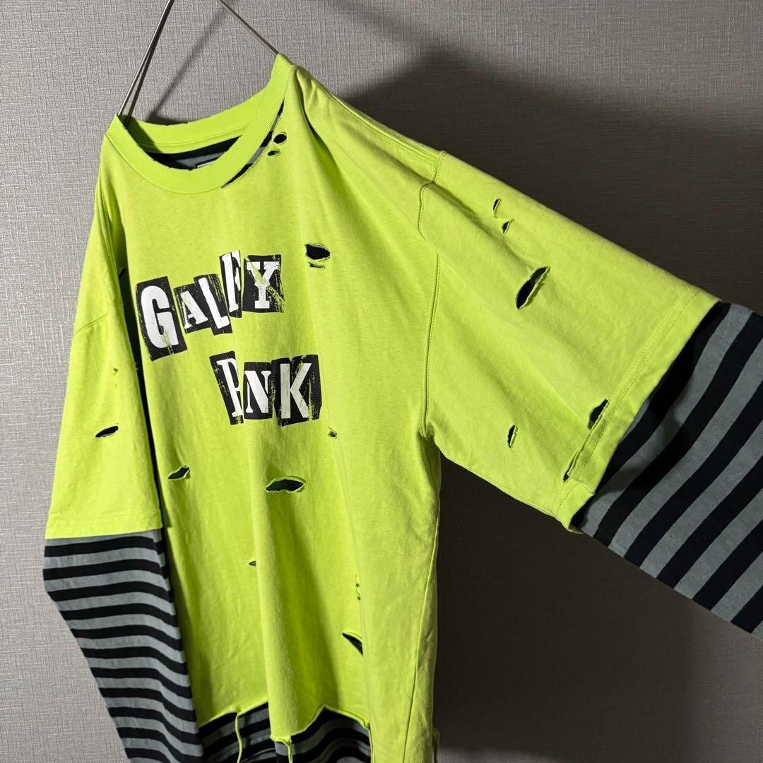 GALFY レイヤード風 ロンT ヴィンテージ加工 ボーダー バックデカロゴ L