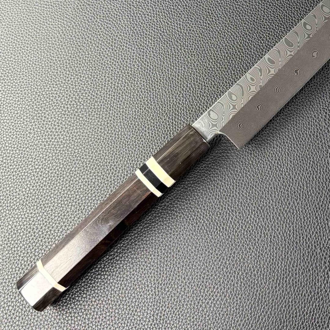 9631新品 ダマスカス切付包丁 尺 深海波紋105層 黒檀黒水牛白三本巻八角柄