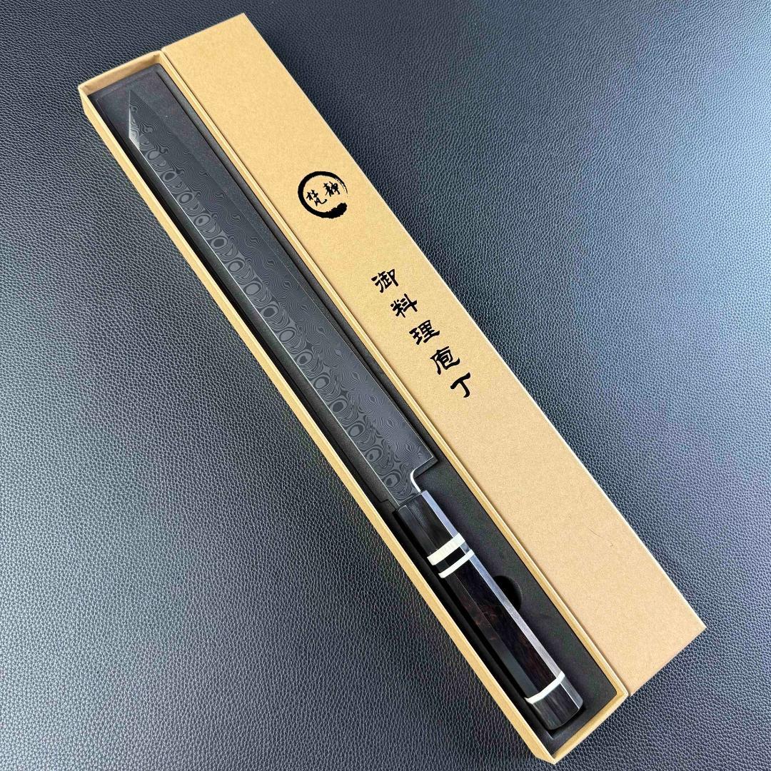 9631新品 ダマスカス切付包丁 尺 深海波紋105層 黒檀黒水牛白三本巻八角柄