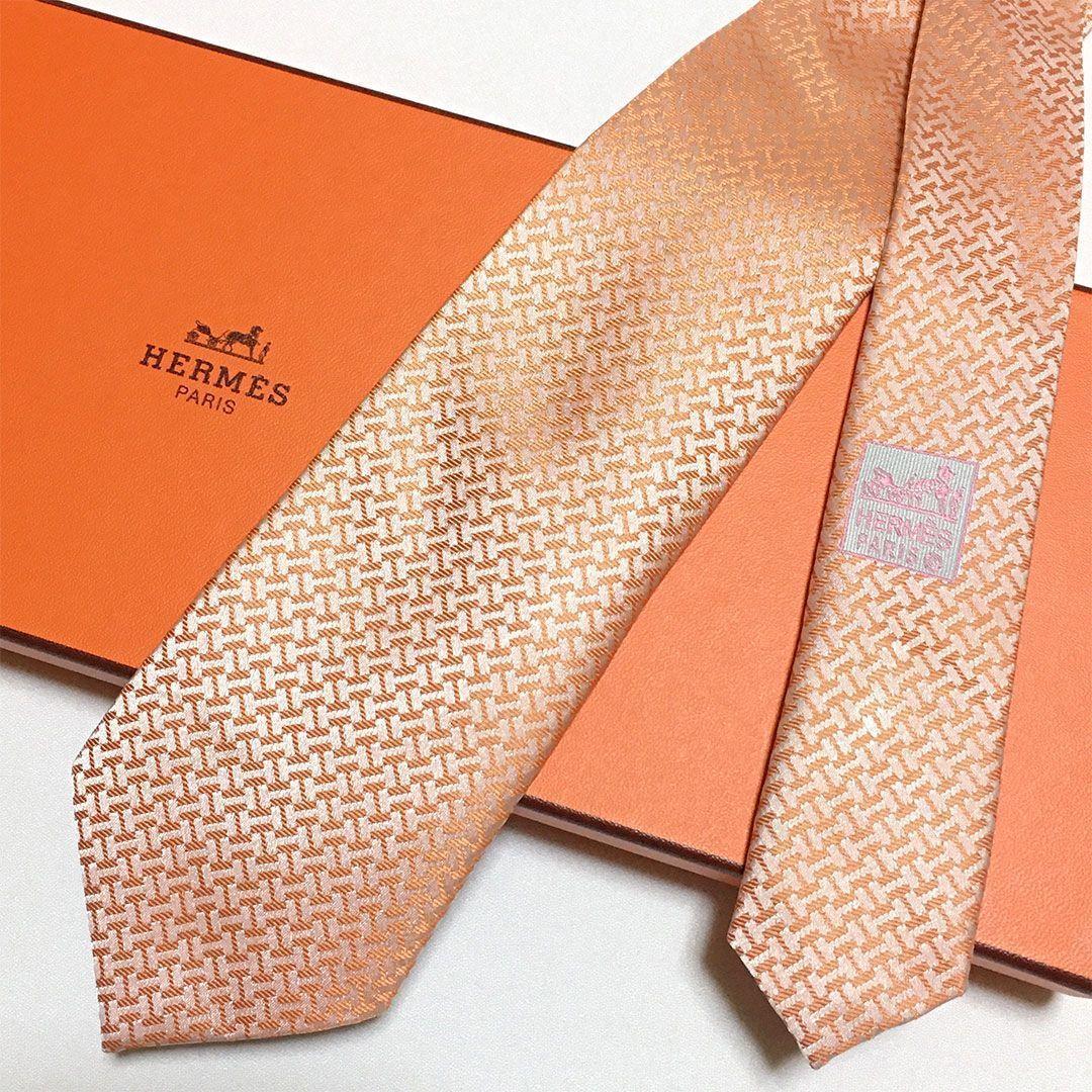 未使用級 H織りタイ ファソネH柄 エルメス HERMES ネクタイ オレンジ