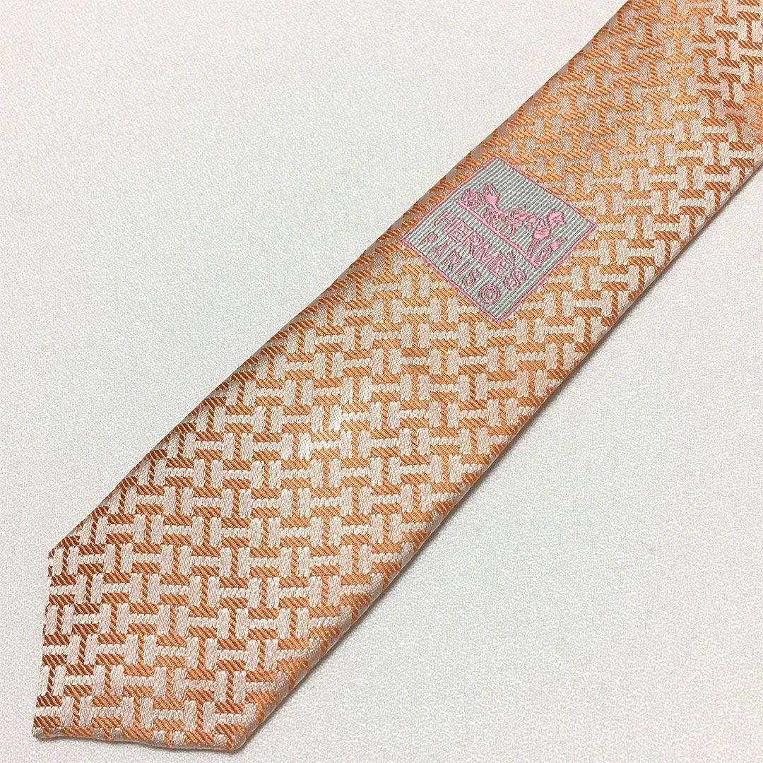 未使用級 H織りタイ ファソネH柄 エルメス HERMES ネクタイ オレンジ